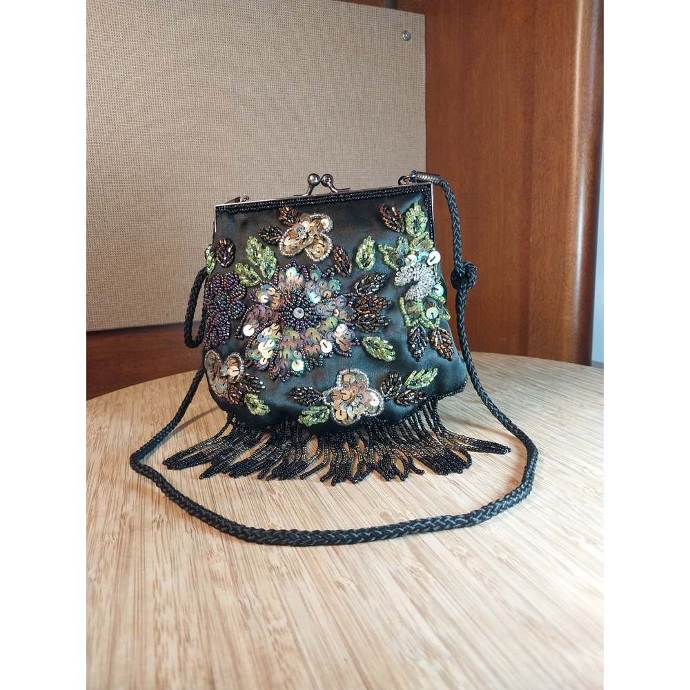 Lancome Black Multi Color Beaded Sequined Small 6" Snap Evening Bag Corded Strap - Picture 5 of 16
